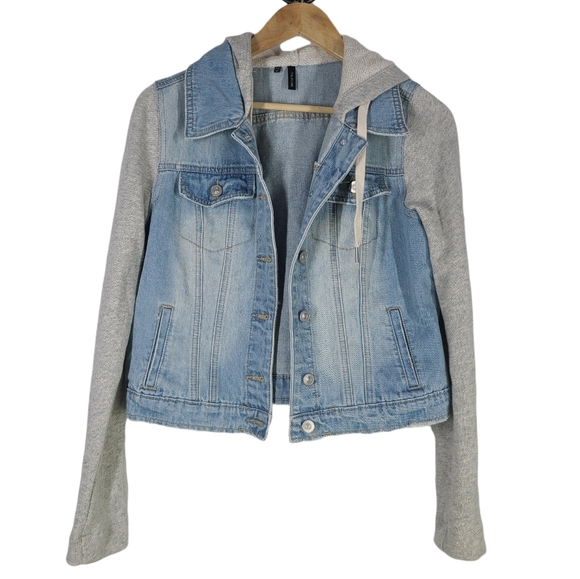 Maurices Jackets & Blazers - Maurices Hooded Denim Jean Jacket with Sweatshirt Sleeves Raw Hem Med